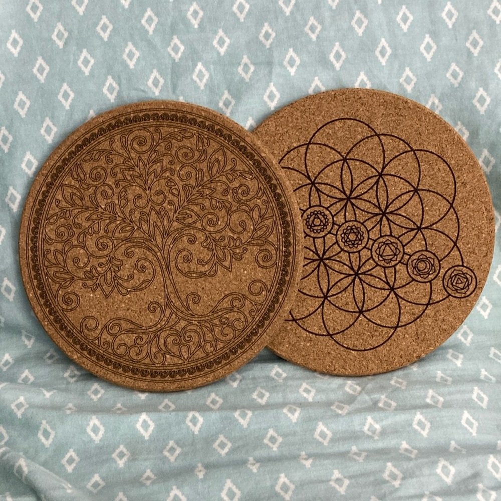 Chakra Cork Crystal Grids. NWOT Set of 2. One tree of life and 2nd Chakra Symbol
